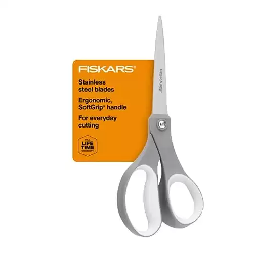 Fiskars Softgrip Contoured Performance Scissors All Purpose Stainless Steel 8 Fabric Scissors for Office, Arts, and Crafts- Grey