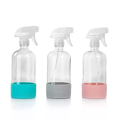 HOMBYS Empty Clear Glass Spray Bottles with Silicone Sleeve Protection - Refillable 17 oz Containers for Cleaning Solutions, Essential Oils, Misting Plants - Quality Sprayer - 3 Pack