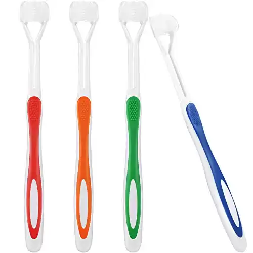 4 Pieces Three Sided Toothbrush Autism Sensory Toothbrush Bristle Travel Toothbrush for Kids Complete Teeth Gum Care Pretty Good Angle Clean Each Tooth, Soft and Gentle (Green, Blue, Yellow, Red)