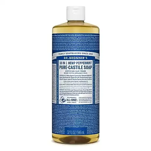 Dr. Bronner s - Pure-Castile Liquid Soap (Peppermint, 32 ounce) - Made with Organic Oils, 18-in-1 Uses: Face, Body, Hair, Laundry, Pets and Dishes, Concentrated, Vegan, Non-GMO