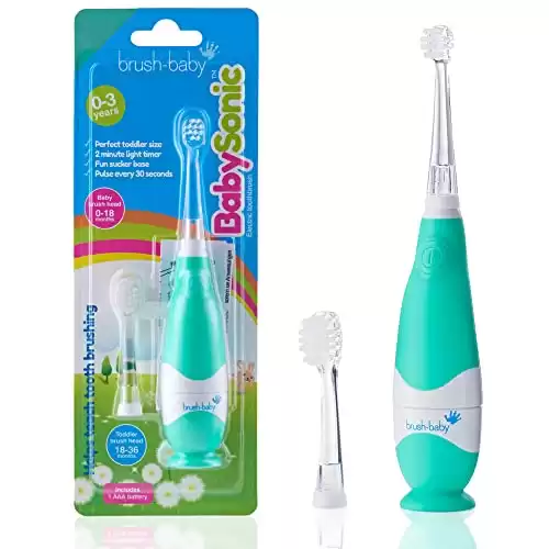 brush-baby BabySonic Infant and Toddler Electric Toothbrush for Ages 0-3 Years Smart LED Timer and Gentle Vibration Provide a Fun Brushing Experience Includes 2 Sensitive Brush Heads (...