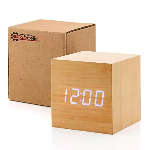 Digital Alarm Clock, Brighter Display Wooden Alarm Clocks, LED Clock For Bedroom, Small Digital clock with USB LED and Charger, Square Shape With Compatible Size Suitable For Bedrooms, Office-Bamboo