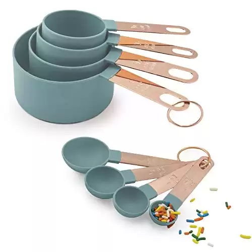 COOK With COLOR 8-Piece Nylon Measuring Cups and Measuring Spoon Set With Rose Gold Copper Handles (Mint)