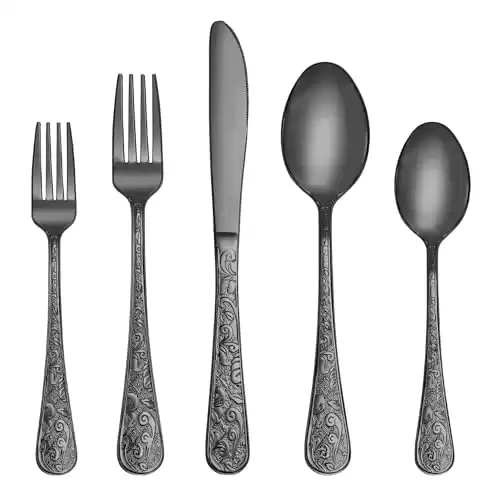 Runfly Vintage Carved Black Stainless Steel 20 Pieces Flatware Set, Black Silverware Set, Modern Embossed Cutlery Set Utensils Including Fork Spoon and Knife