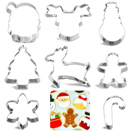 Kanehosi 2024 Christmas Cookie Cutters Set 8Pcs, Stainless Steel Fondant Cutter Sturdy Metal Biscuit Doubt Cutter, Cute Shapes Santa Claus Christmas Cane Tree Elk Snowflakes Snowman