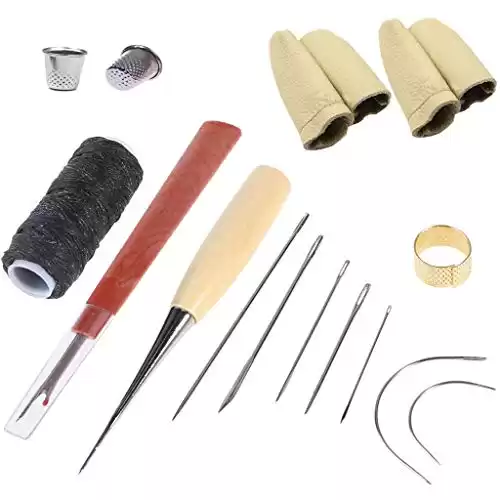 QISF Curved Upholstery Repair Kit Hand Sewing Needles Set with Leather Waxed Thread Cord Drilling Awl, Thimble and 2pair Needle Felting Guards Finger Protectors for Leather Sewing Leathercraft Working