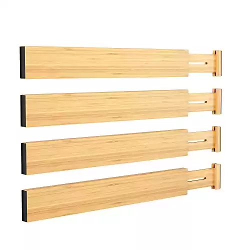 BAMEOS Drawer Dividers kitchen Organization Bamboo Utensil Organizers for Kitchen Bedroom Bathroom Dresser Office 4-pack