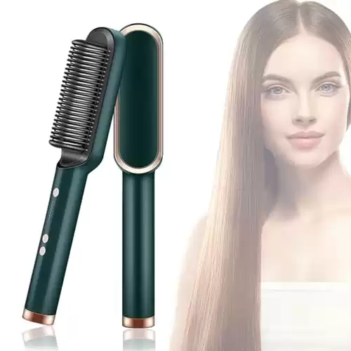 Hai r Straightener Brush 30s Fast Heating Anti-Scald,Negative Ion Styling Comb, 2 in 1 Hair Straightener Brush and Curler with 5 Temp, Portable Electric Straightening Comb Heated Hair Brush(Green)