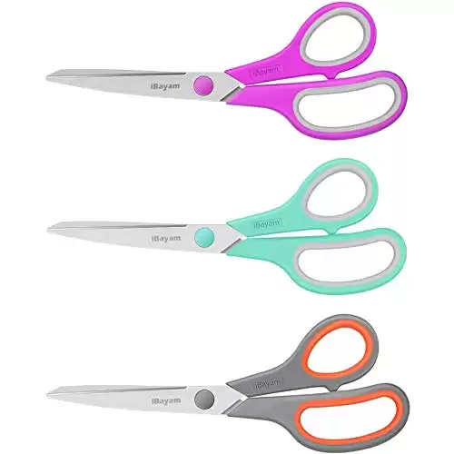 Scissors, iBayam 8" Multipurpose Scissors Bulk 3-Pack, Ultra Sharp Blade Shears, Comfort-Grip Handles, Sturdy Sharp Scissors for Office Home School Sewing Fabric Craft Supplies, Right / Left Hand...