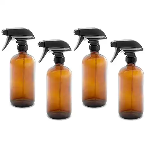 4 pack of 16oz Empty Amber Dark Brown Glass Spray Bottles w/Labels, Caps, and Funnel - Mist & Stream Trigger Sprayer - BPA Free - Boston Round Heavy Duty Bottle - For Essential Oils, Cleaning, Kit...