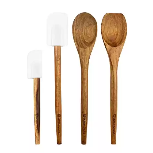 Ultra Cuisine Spatula Set - Heat-Resistant - Nonstick - Silicone Spatula - Perfect for Cooking - Baking - Mixing - Includes Large and Small Spatula - Spoon - Edged Spoon - 4 Pack - Wood Mixing Spoon