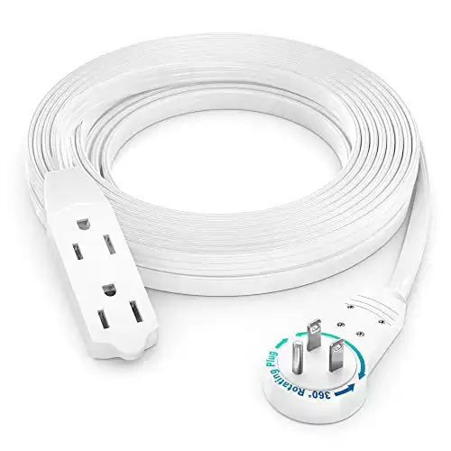 Maximm Cable 15 Ft 360 Rotating Flat Plug Extension Cord/Wire, 16 AWG Multi 3 Outlet Extension Wire, 3 Prong Grounded Wire - White - UL Certified