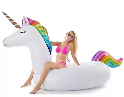 Jasonwell Giant Inflatable Unicorn Pool Float Floatie Ride On with Fast Valves Large Rideable Blow Up Summer Beach Swimming Pool Party Lounge Raft Decorations Toys Kids Adults