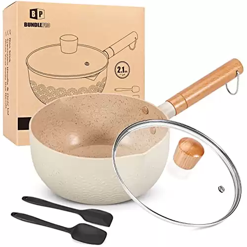 2.1 Quart Saucepan Set with Lid, Nonstick Aluminum Sauce Pot, Induction Compatible Small Cooking Pots with Silicone Spatulas for Milk, Soup, Pasta, Egg, Rice (BEIGE)