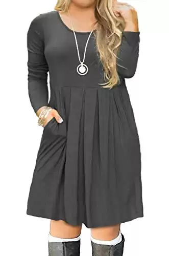 FOLUNSI Women's Plus Size Casual Long Sleeve Pleated T Shirt Dress with Pockets Gray Large