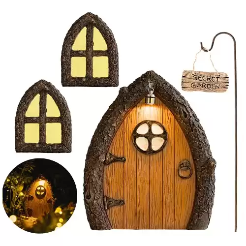 Fairy Door and Windows for Trees Glow in The Dark Yard Art Sculpture Decoration for Kids Room, Wall and Trees Outdoor | Miniature Fairy Garden Outdoor Decor Accessories with Secret Garden Sign