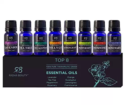 Essential Oil Set - Aromatherapy for Diffusers, Massage. Candle Making, Soaps, Bath Bombs. Top 8-10mL Oils: Lavender, Peppermint, Lemongrass, Tea Tree, Orange, Eucalyptus, Rosemary and Frankincense.