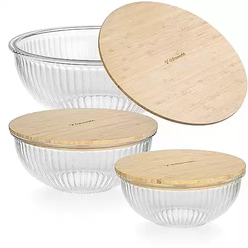 dokaworld Glass Mixing Bowls - Nesting Bowls - Cute Collapsible Glass Bowls With Lids Food Storage - 3 Stackable Microwave Safe Glass Containers - Salad Bamboo Baking Glass Bowls Set For Kitchen