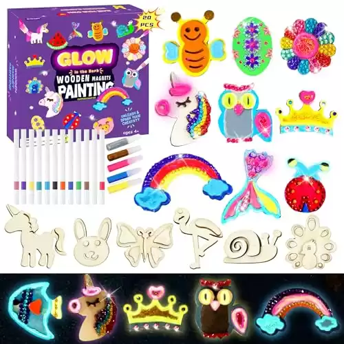 Glow in The Dark Wooden Magnet Painting Kit - 20 DIY Decorate Wood Painting Diamonds Arts Crafts Kit for Kids Age 4-8 8-12, Party Favors Easter Crafts & Basket Stuffers Birthday Toys for Boys Girl...