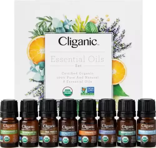 Cliganic Organic Aromatherapy Essential Oils Gift Set (Top 8), 100% Pure - Peppermint, Lavender, Eucalyptus, Tea Tree, Lemongrass, Rosemary, Frankincense & Orange