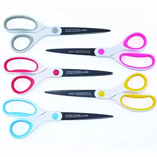 Best Titanium Scissors - 5 Pack - 8" Blade - (Strong Titanium Steel) - Comfortable Soft Handles in a Variety of Colors - Multi-Purpose Shears - Perfect for Cutting Paper, Fabric, Photos, & Mo...