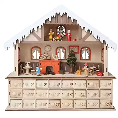 WHAT ON EARTH Lighted Advent Calendar - Santa's Workshop Wood Drawer Christmas Countdown Calendar - Reusable Multi Drawer Cabinet LED Christmas Advent Calendar