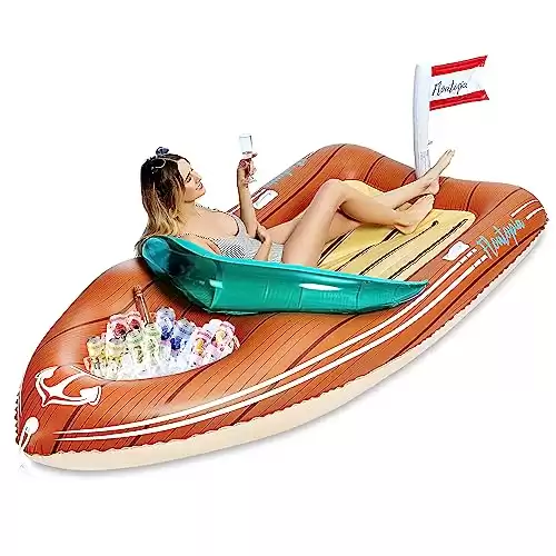 JOYIN Giant Boat Pool Float with Cooler - Inflatable Boat Funny Pool Floats Raft with Reinforced Cooler, Lounge Floaties Beach Lake Toys Summer Fun Swimming Pool Party Decorations for Kids & Adult...