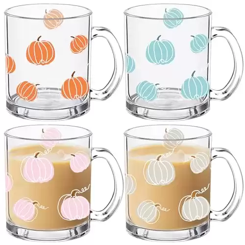 RimCereal 4 PCS 12oz Fall Glass Coffee Mugs with Handle Pumpkin Mug Pumpkin Coffee Cups Autumn Harvest Drinking Glasses Beverage Mugs Cute Fall Glass Cup for Fall Thanksgiving Iced Coffee Tea Milk