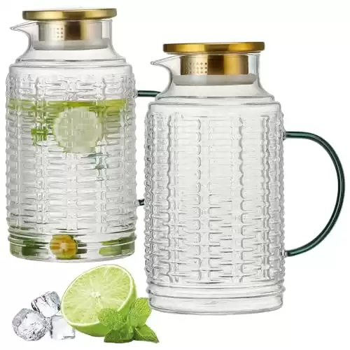 Buaic Glass Pitcher with Lid, 2 PACK 68 oz/2L Liter Vintage Water Pitcher, Clear Borosilicate Glass Water Carafe for Cold Brew, Coffee, Lemonade, Iced Tea,Beverage, Heat Resistant Water Glass Jug