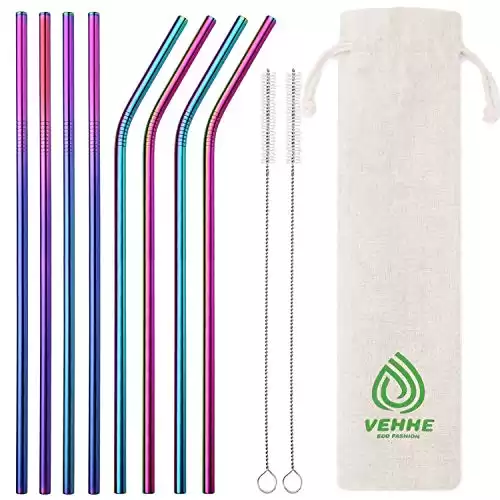 VEHHE Metal Straws Drinking Straws 10.5" Stainless Steel Straws Reusable 8 Set - Ultra Long Rainbow Color-Cleaning Brush for 20/30 Oz for Yeti