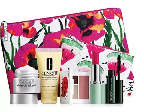 New 2016 Clinique 7 pc Makeup Skincare Gift Set Pink Floral Bag (Warm)