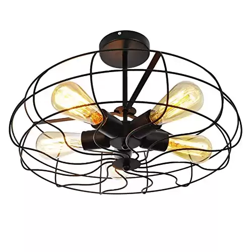 Vintage Black Metal Cage Ceiling Light - MKLOT Retro Industrial Semi Flush Mount Pendant Light 21.26" Wide Hanging Fixture with 5 Lights for Kitchen Hallway Farmhouse Restaurant