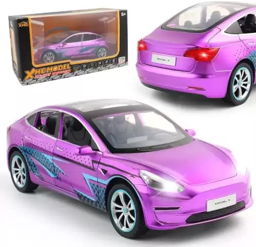 Zinc Alloy Model 3 Car Model,1:24 Scale Simulation Casting car Model Pull Back Diecast Toy Car, Mini Vehicles Toys with Lights and Music for Toddlers Kids Children Birthday Gift(Purple)