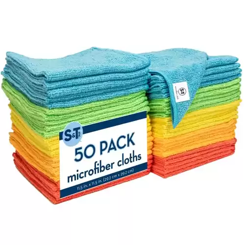 S&T INC. 50 Pack Microfiber Cleaning Cloth, Bulk Microfiber Towel for Home, Reusable and Lint Free Cloth Towels for Car, Assorted Colors, 11.5 Inch x 11.5 Inch, 50 Count