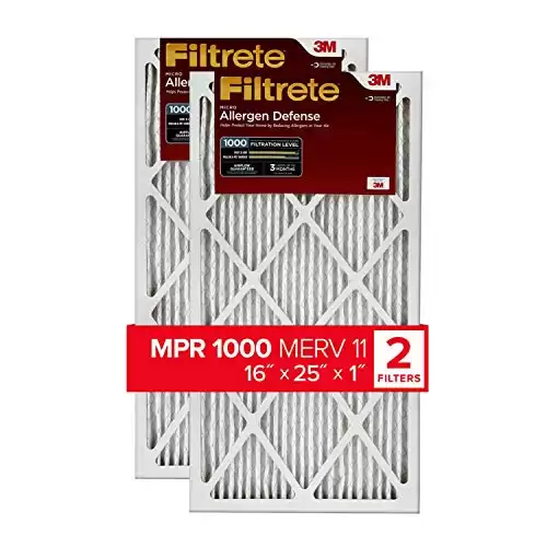 Filtrete 16x25x1 Air Filter, MPR 1000, MERV 11, Micro Allergen Defense 3-Month Pleated 1-Inch Air Filters, 2 Filters