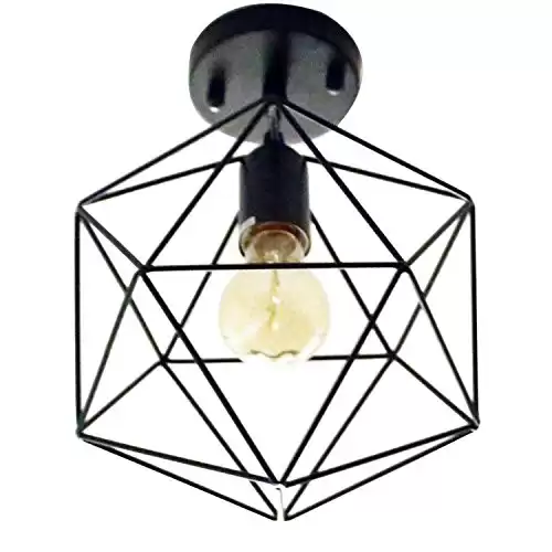 UNITARY Brand Black Metal Cage Shade Farmhouse Bedroom Semi Flush Mount Ceiling Light Fixture with 1 E26 Bulb Socket, Hallway Light Fixtures Ceiling, Industrial Close to Ceiling Light Fixtures