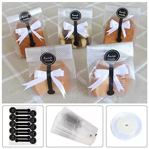 Cookie Bags for Packaging, Searik Translucent Plastic Cellophane Pastry Treat Bags for Party Gift Giving Bakery Bread Candy Chocolate Wrapping Goods with Stickers and Ribbon (3.5 x 8.8 Inches, 80 Pcs)