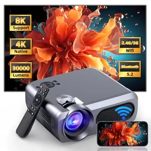 Projector with WiFi and Bluetooth,Native 4k, 8K Supported Portable Projector, 30000 Lumen Bluetooth Projector for Home Theater, Outdoor Movie Projector Compatible with HDMI, USB,TV Stick, iOS, Android