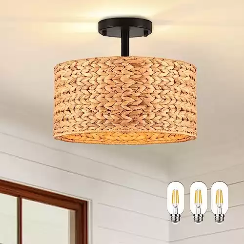 Rattan Ceiling Light Fixture,Boho Semi Flush Mount Ceiling Light, Farmhouse Chandelier Ceiling 3 Light Fixtures with Woven Wicker Lampshade,Rustic Ceiling Lamp Flush Mount for Living Bedroom Kitchen