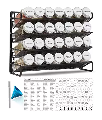 SpaceAid Spice Rack Organizer with 28 Spice Jars, 386 Spice Labels, Chalk Marker and Funnel Set for Cabinet, Countertop, Pantry, Cupboard or Door & Wall Mount - 28 Jars, 13.4" W 10.8"...