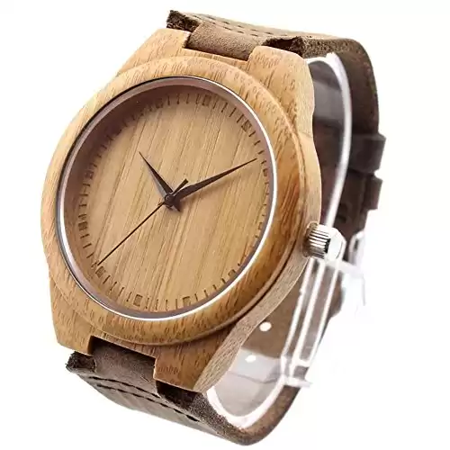 icool New Vosicar Retro Leather Fashion Bamboo Wooden Watch Japan Movement Quartz with Genuine Cowhide Leather Band Casual Watches Creative Gifts for Men