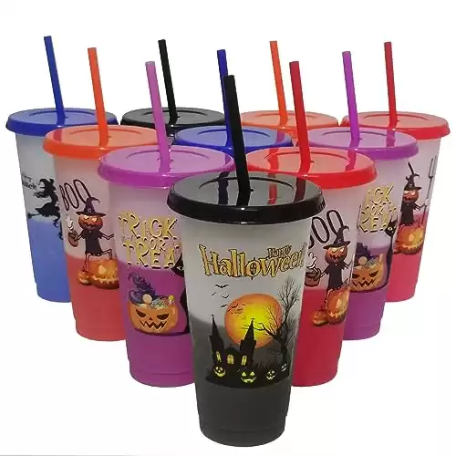 10 Pack Halloween Decorations Halloween Color Changing Cups with Lids and Straws, 24 oz Plastic Cups, 710ml Plastic Tumblers Bulk, Reusable Trick or Treat Candy Cups for Halloween Christmas Party