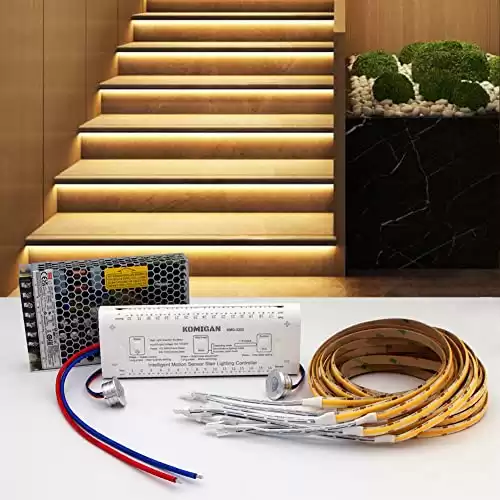 KOMIGAN Intelligent Motion Sensor LED Stair Lighting Kit KMG-3233, 40 Inch (100 cm) Long Cuttable LED Strip Light for Indoor LED Stair Lights LED Step Lights (16 Stairs, Warm White 3000K)