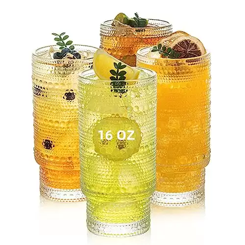 KEMORELA Elegant Highball Glassware Set - 16oz XL Glasses - Mixed Drinks, Iced Coffee, Beer, Juice, Water - Hobnail, Beaded Designs - Set of 4 | Stylish Collection for Any Occasion