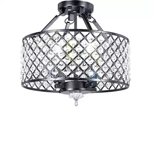 New Galaxy 4-Light Antique Black Round Metal Shade Crystal Chandelier Semi-Flush Mount Ceiling Fixture