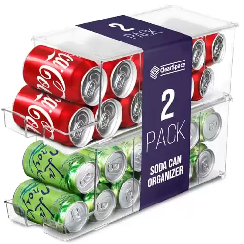 ClearSpace Drink Organizer for Fridge & Soda Can Organizer - Fridge Organization & Can Dispenser for Refrigerator Stackable Can Holder Dispenser with Lid - Holds 12 Cans Each, BPA Free - Set o...