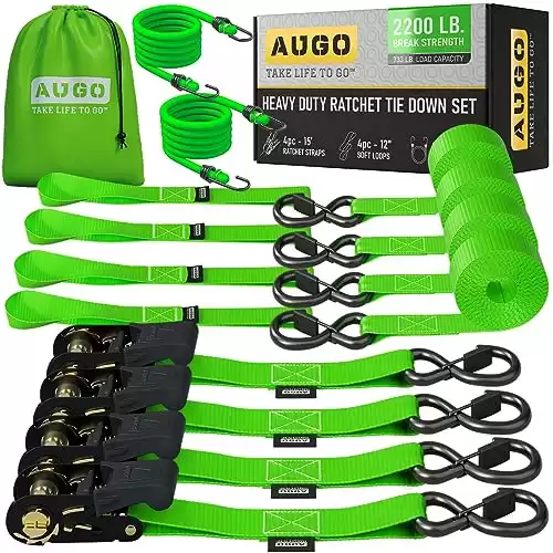 AUGO Heavy Duty Ratchet Straps & Soft Loops Pack of 4 Extra Strong 1.5 by 10 Ratchet Straps w/S-Hook Safety Latches & 4 Soft Loop Tie Downs 4400Lb Break Strength for Motorcycles,...